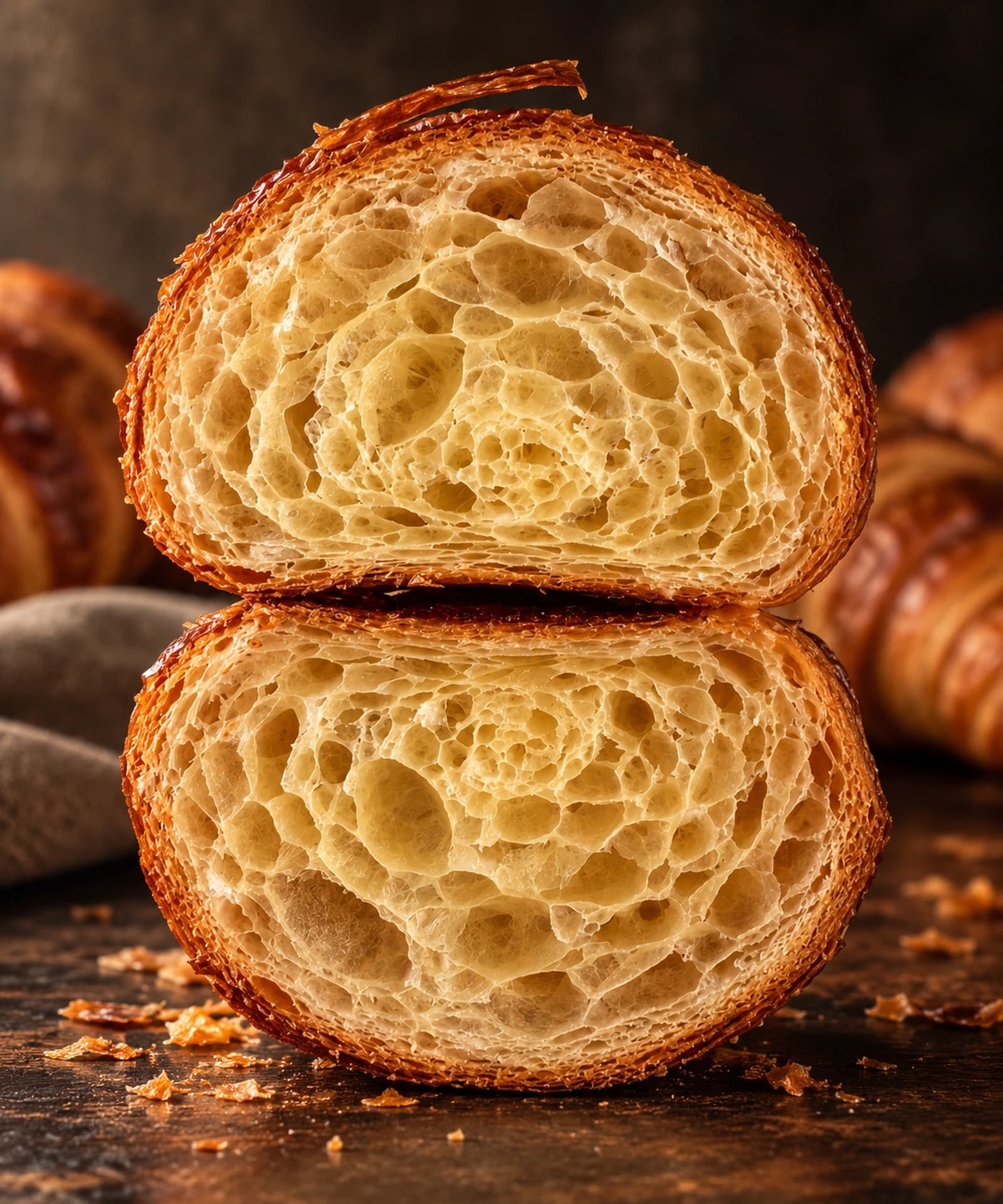 Interior de croissant artesanal mostrando el laminado