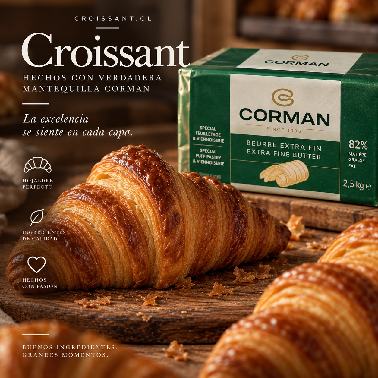 Pieza promocional de Croissant.cl con un croissant y mantequilla Corman