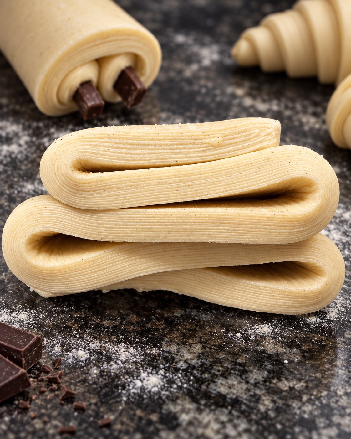 Masa laminada junto a piezas de masa con barras de chocolate