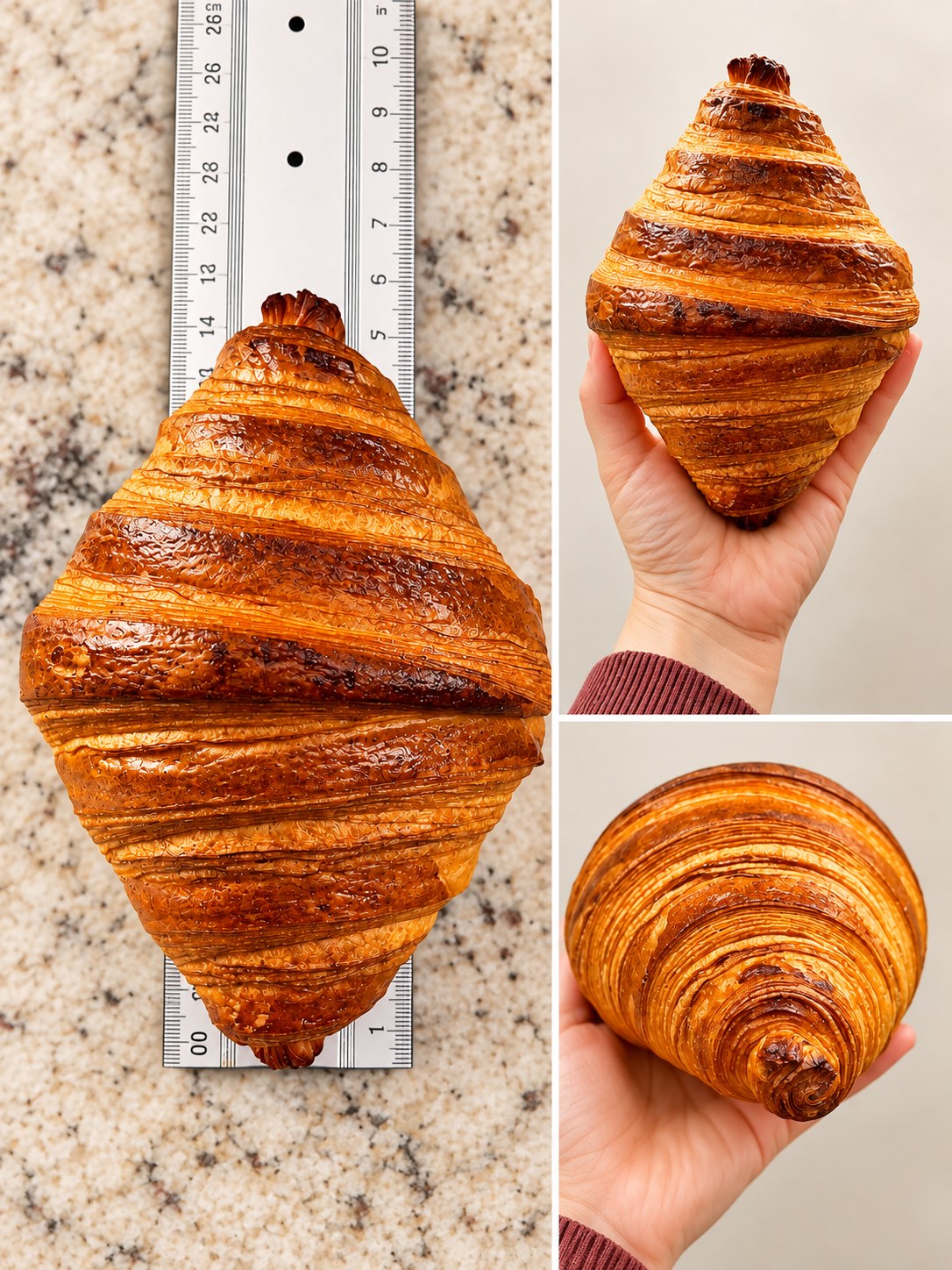 Collage de un croissant dorado desde distintos ángulos