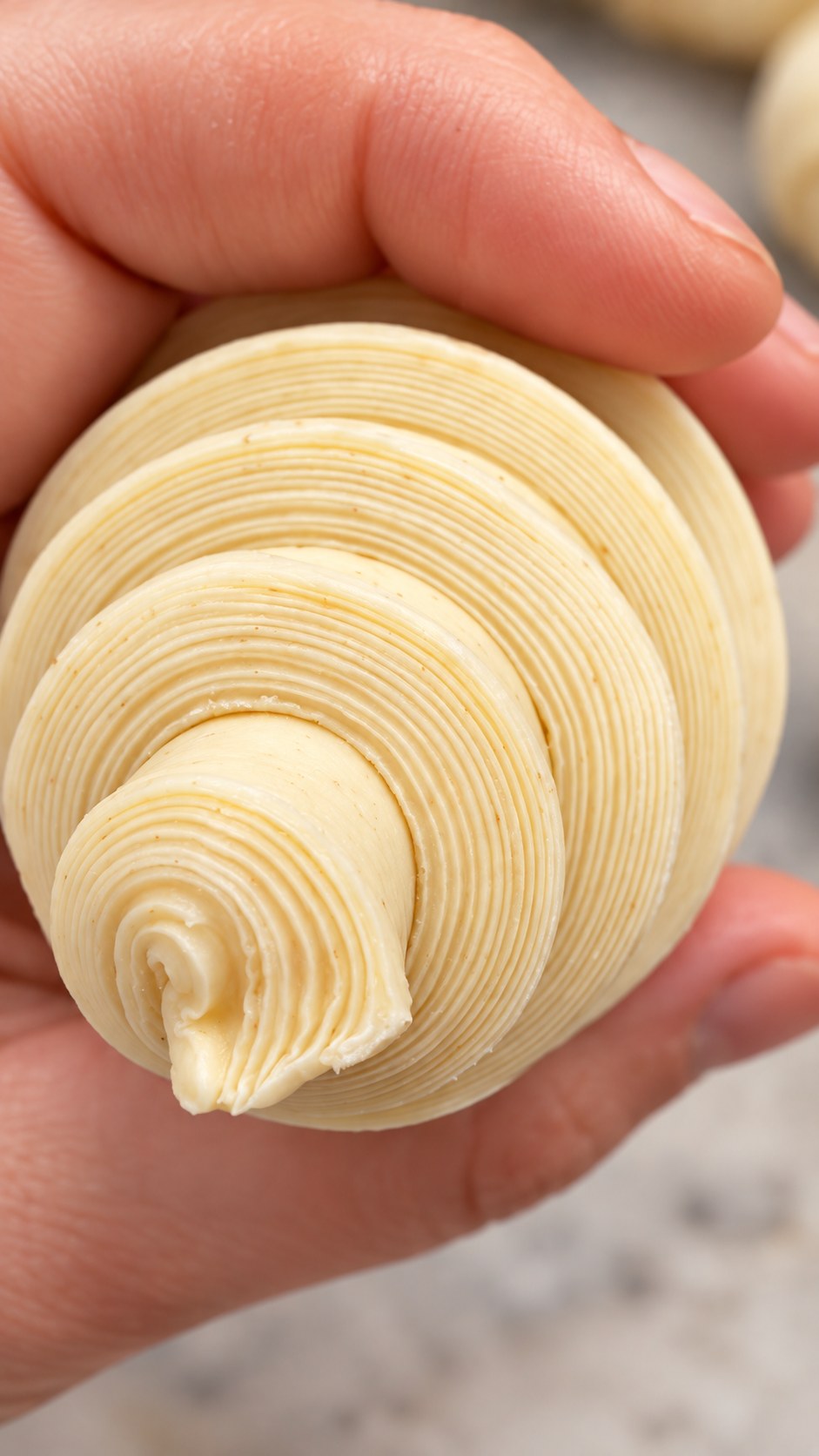 Croissant sin hornear sostenido en una mano, con sus capas visibles