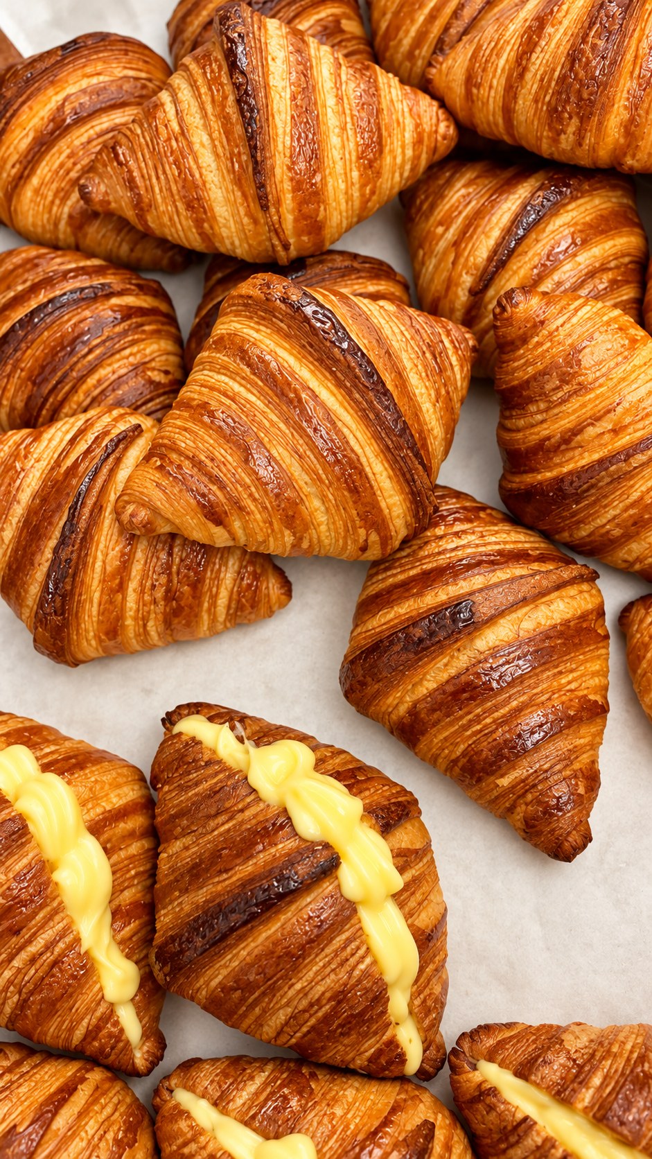 Croissants dorados y croissants con una decoración dulce sobre una bandeja